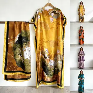 Floral Print Dress with Scarf, Elegant Casual Robe Dress, Loose Fitting Long Maxi Skirt with Short Sleeves, Women's Summer Lounge Wear Two Piece Set