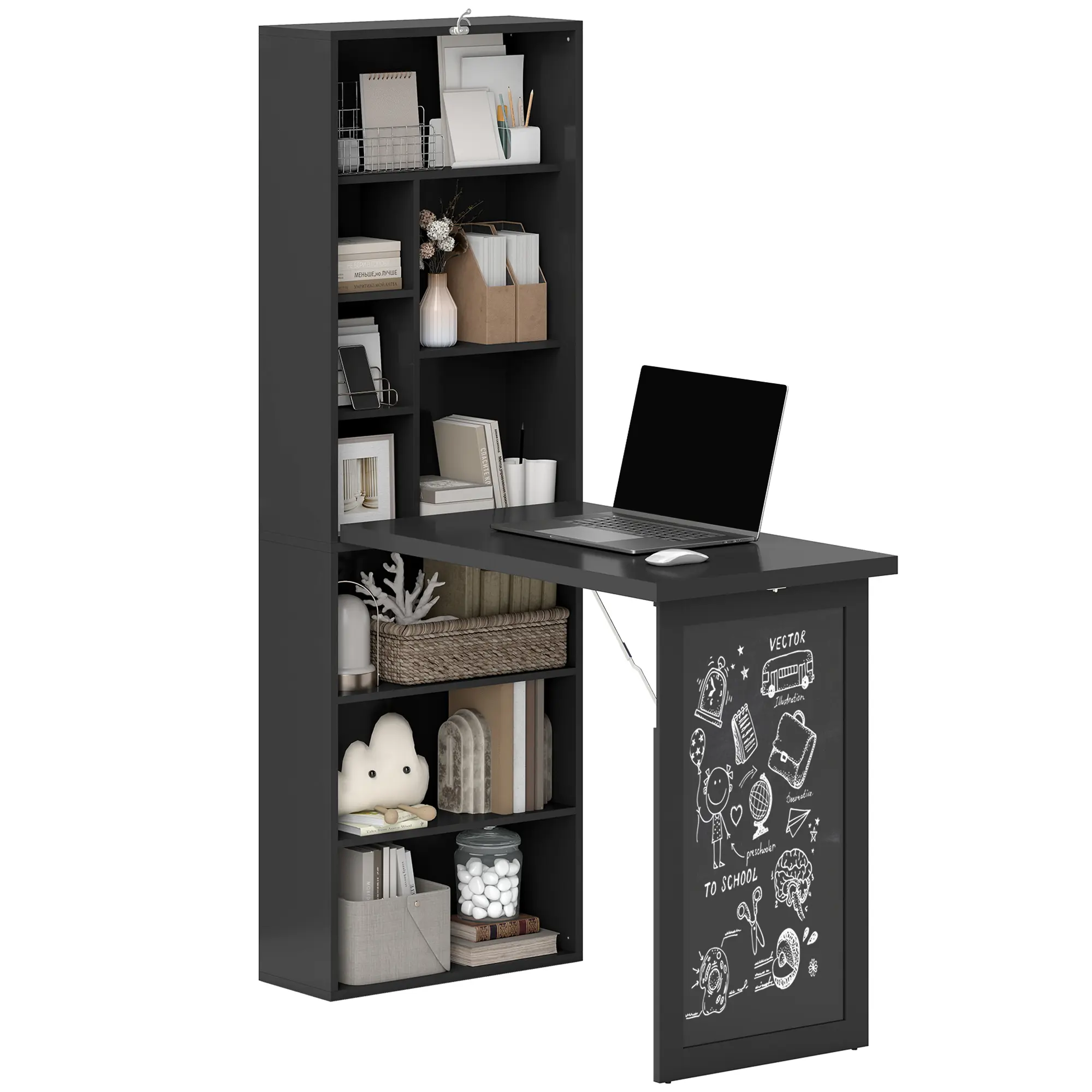 Fold-Out Wall Mount Desk. Folds to 7.7" Deep. 110 lbs Desktop Capacity. 6 Upper + 3 Lower Shelves (Adjustable). Chalkboard Front. Anti-Tipping