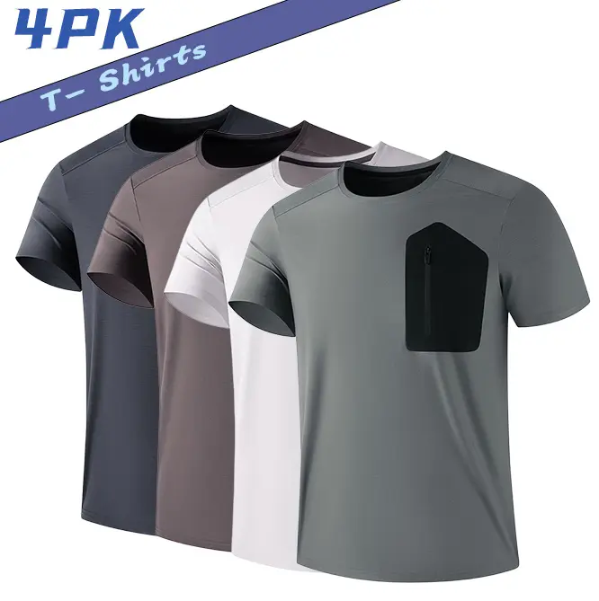 Men’s 4-Pack Functional T-Shirts, Quick-Drying Moisture-Wicking Fabric, Crew Neck, Chest Zippered Pocket, Comfortable Fit, Suitable for Sports, Travel, Men's T Shirts