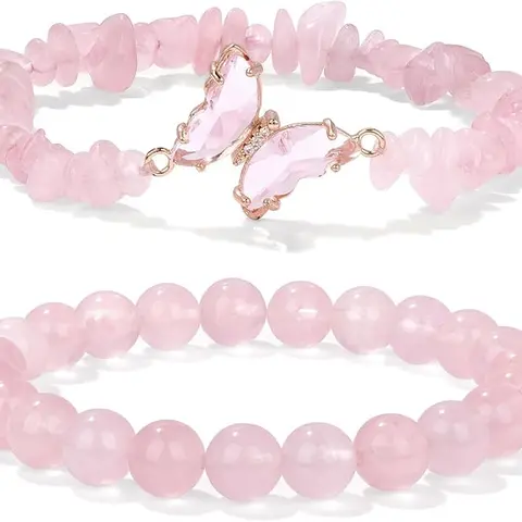 2pcs Love & Money Attraction dainty Bracelet Natural Rose Quartz Bracelets with Beaded Round Stones & Butterfly Charm, Believed to Attract Romance, Protect Love & Bring Positive Energy, Aesthetic Crystal Jewelry Gift for Women handmade