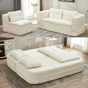 Folding Convertible Sectional Sofa Bed, Corduroy Floor Couch, Loveseat Lounge Chaise for Office, Apartment,80" King Size Bed (Beige)