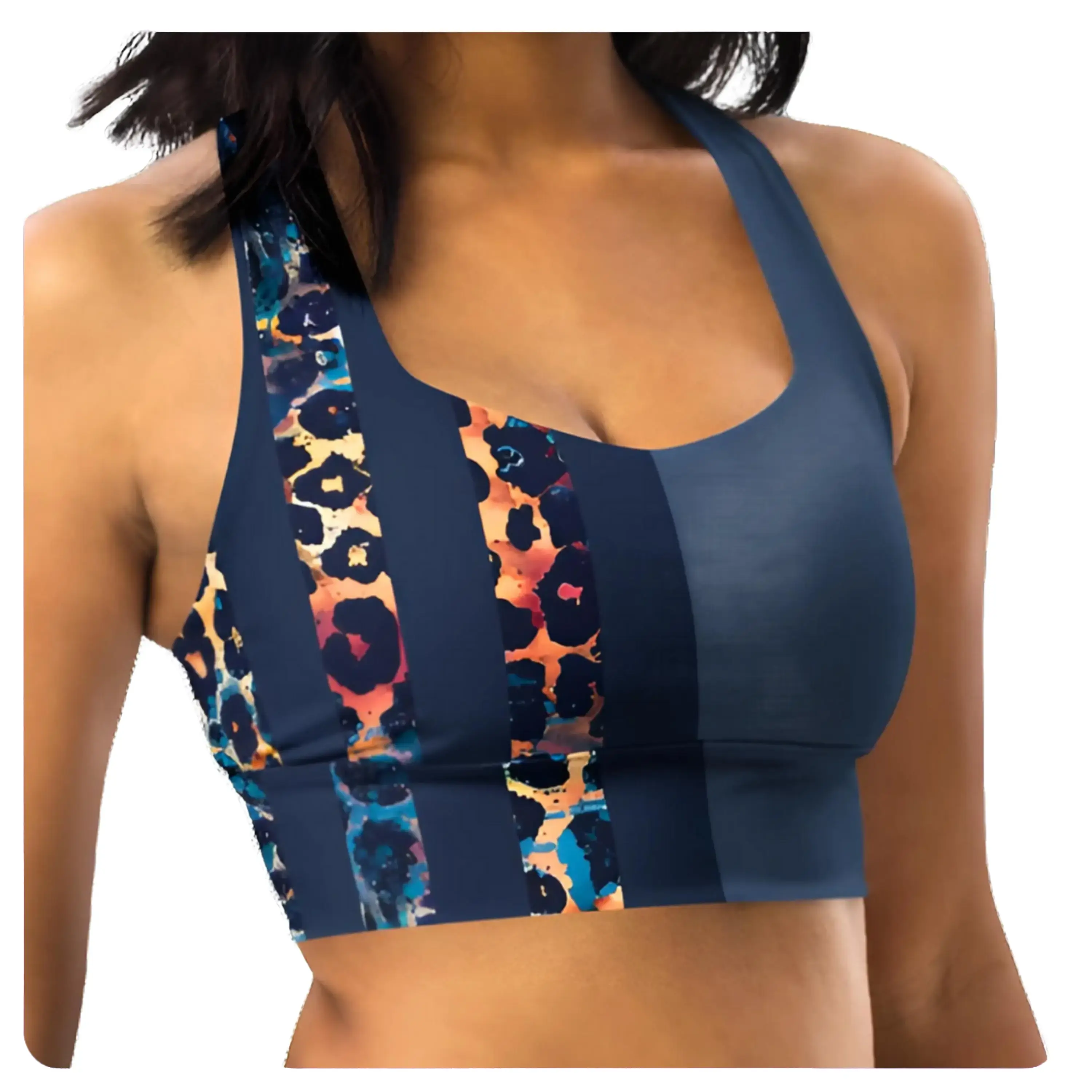 Leopard Three Stripe Sports Bra -Purple Gray Blue Athletic Animal Print Cheetah Spots Fitness Workout Padded Longline Racerback Bralette Top