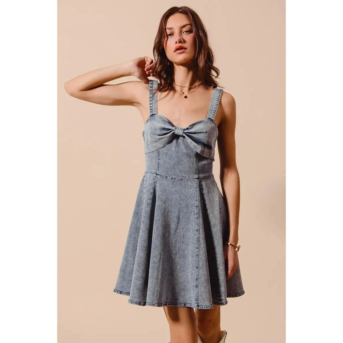 SO ME Mineral Washed Bow Ribbon Denim Flare Dress