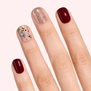 DASHING DIVA Wild Flower Nail Polish Strips - Burgundy & Rose with Vintage Floral Accents and Rose Gold Glitter