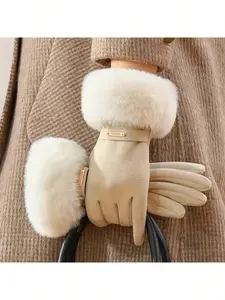Soft Warm Women's Winter Gloves Touchscreen Compatible Polyester Faux Fur Trim for Outdoor Activities Hand Wash Only