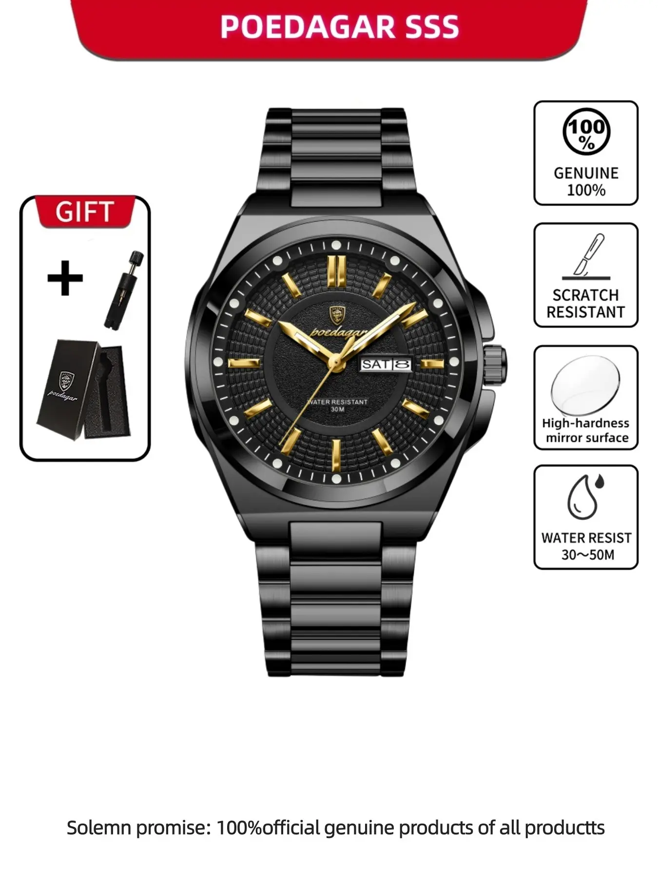 Poedagar Top Business Men's Watches, Stainless Steel Waterproof Luminous Man Watch, Luminous Analog Watch, Date Week Display, Casual Fashion Quartz Wristwatch, Casual Trendy Wristwatch, Stylish Watch