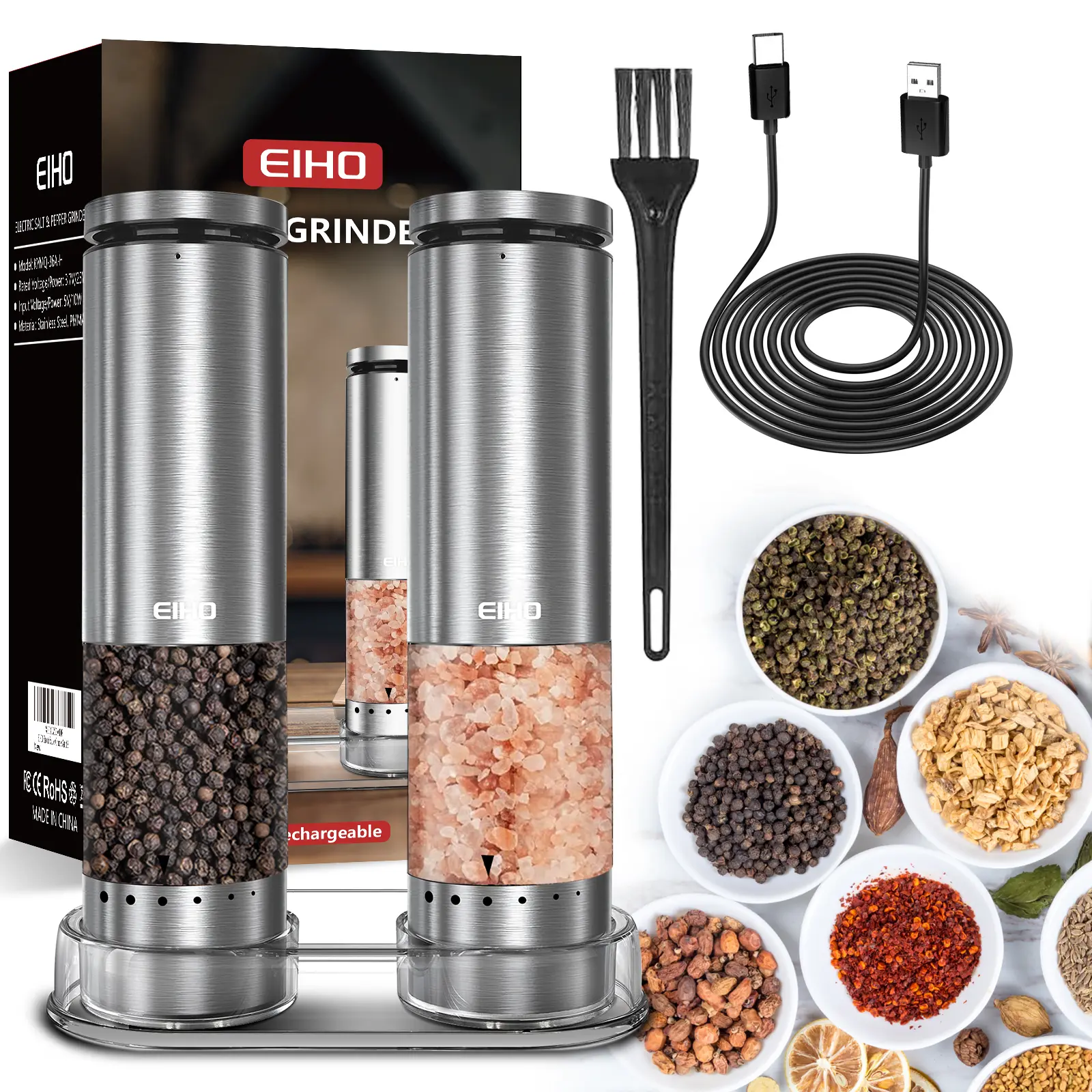 Eiho USB Rechargeable Electric Salt & Pepper Grinder 2-Pack | Adjustable Coarseness, LED Light, One-Touch/One-Handed Use | Large Capacity Portable Spice Grinder | Kitchen Gadgets for Coffee/Seasoning | Xmas/New Year Gift (TikTokShopBlackFriday)