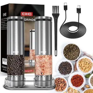 Eiho USB Rechargeable Electric Salt & Pepper Grinder 2-Pack | Adjustable Coarseness, LED Light, One-Touch/One-Handed Use | Large Capacity Portable Spice Grinder | Kitchen Gadgets for Coffee/Seasoning | Xmas/New Year Gift (TikTokShopBlackFriday)