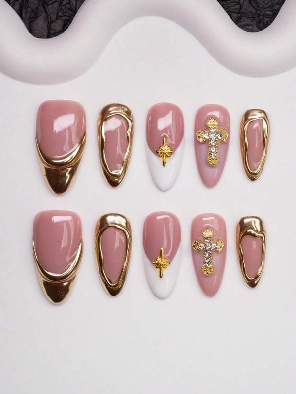 Spring/Summer Handmade Almond-Shaped Nail Tips With Y2K Chic Style, In Nude, White, Gold Colors Featuring Cross, Star, Asymmetrical Metallic Design, Suitable For Women & Girls To Wear At Parties, Weddings, Daily Life. 10Pcs/Set With 3 Sizes, Includes Nai