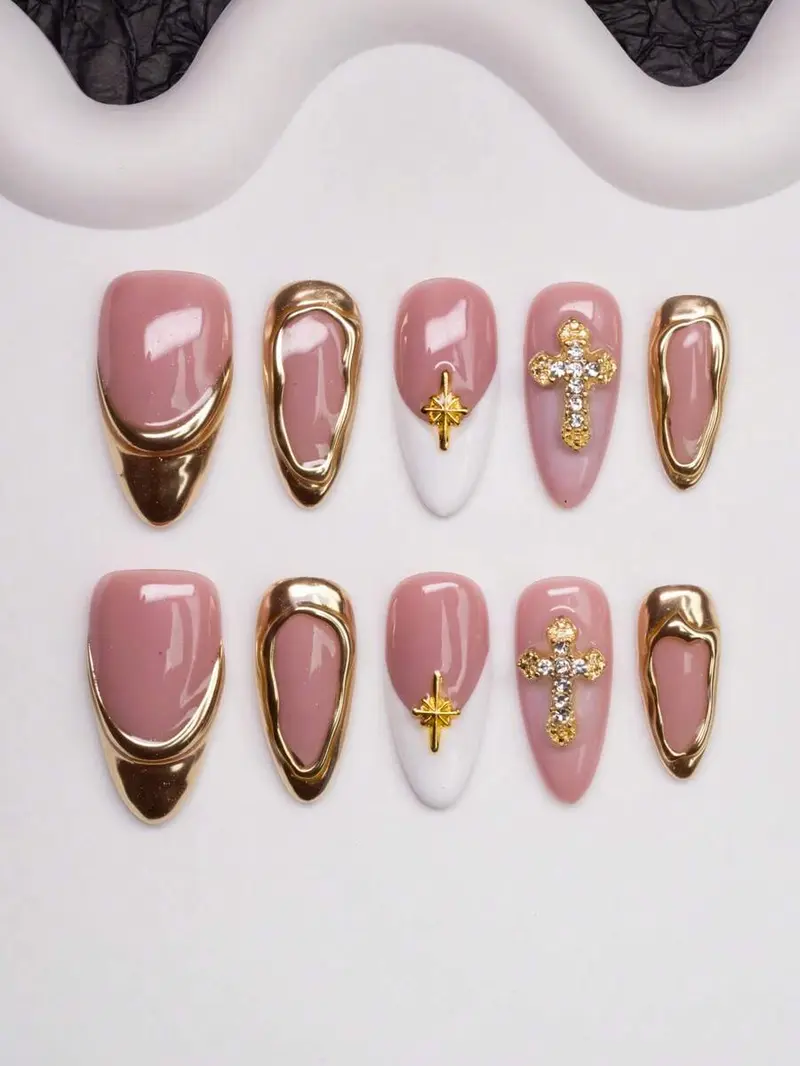Spring/Summer Handmade Almond-Shaped Nail Tips With Y2K Chic Style, In Nude, White, Gold Colors Featuring Cross, Star, Asymmetrical Metallic Design, Suitable For Women & Girls To Wear At Parties, Weddings, Daily Life. 10Pcs/Set With 3 Sizes, Includes Nai