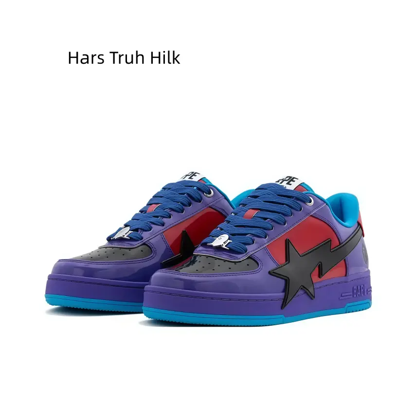Gloss Purple Red Contrast Leather Street Sneakers, Black Star Logo Decoration, Integrated Bright Blue Sole Structure, Eye-catching Colorway Casual Low-top Footwear For All Seasons