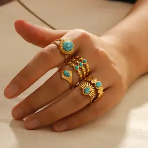 18k Gold Plated Turquoise Swirl Marks Wide Opening Stainless Steel Rings For Women Jewelry