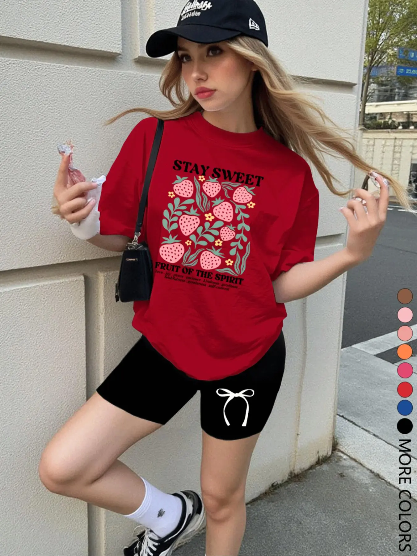 Two-Piece Set Women's Butterfly & Strawberry Print Short Sleeve Tee & Skinny Shorts, Short Pants Set Casual Round Neck T-Shirt & Shorts for Daily Wear, Ladies Two-Piece Outfits for All Seasons, Clothes