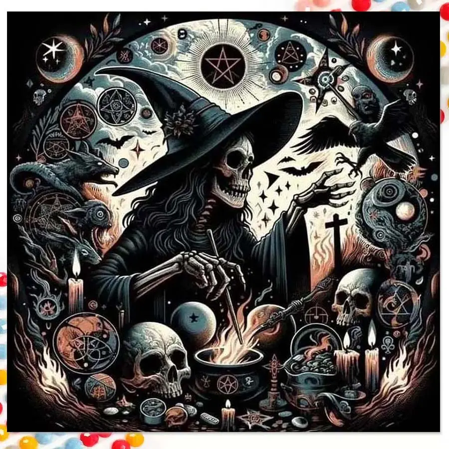 1 DIY diamond painting kit, 5D diamond art set, DIY decoration, wizard, skeleton, cauldron diamond painting kit full round diamonds, mosaic, diamond art, DIY art home decor, suitable for Christmas, Diamond Art Tools