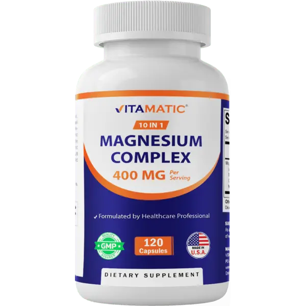 Vitamatic Magnesium Complex Dietary Supplement - 400mg Elemental Mg, 10-in-1 Multi-Nutritional Mineral with Vitamins, 120 Capsules, GMP-Certified, Edible Healthcare Support for Muscle, Heart & Bone Health, Metabolism Boost, Artificial Color Free, Dairy Fr
