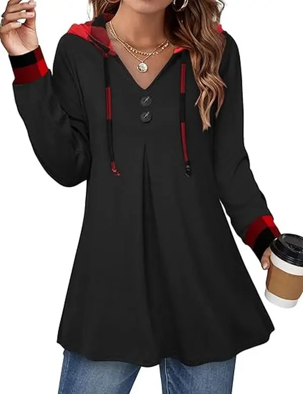 Women's Long Sleeve Hooded Tunic Tops Button Swing Pullover Hoodie Sweatshirts