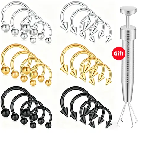 Unisex 16G Surgical Steel/Titanium Body Piercing Jewelry Set - 24pcs 24-Piece Combination with Complimentary Gripping Tool, Nose Piercing Septum Jewelry Hoops, Horseshoe Rings, 6-12mm/34mm Balls/Spikes for Daily Wear Gift Pack