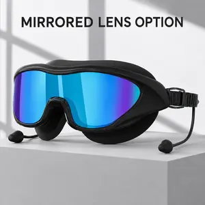 Large Frame Electroplated Swim Goggles, UV Blocking Mirrored Lenses with Anti-fog HD Vision, Integrated Earplugs & Waterproof Silicone Seal, Comfortable Adult Swim Glasses for Outdoor Pool & Open Water