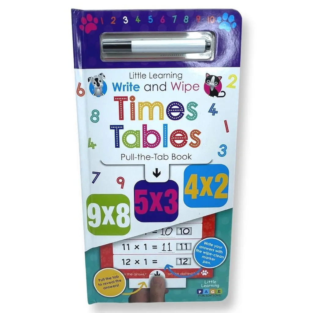 Kids' Write and Wipe Times Tables Activity Book & School Supplies Set - 14-Page Math Visual Learning Tool with Laminated Pages, Pull-Tab Answers, Dry-Erase Markers for Bonding (Engaging Children's Books Category)