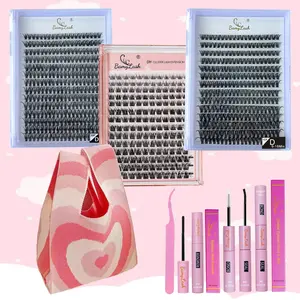 Mixed Length False Eyelashes with Glue & Glue Remover & Tweezers & Heart Pattern Bag, 1 Set Natural Look Eyelash Extensions, Self Grafting Eyelash Clusters, Makeup