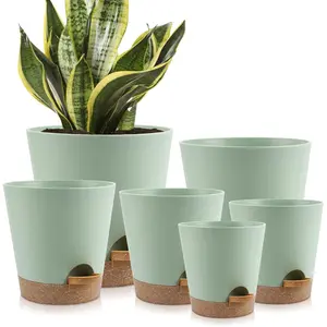 Indoor Self Watering Planters with Drainage Holes and Saucers, 8, 7, 6.5, 6, 5.5, 5 Inches, Green, 6 Pots