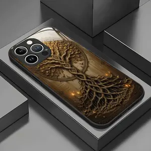 Gold retro Tree of Life Pattern Tempered Glass Phone Case Suitable for iPhone 17 16,15,14,13,12,11 Plus Pro Max