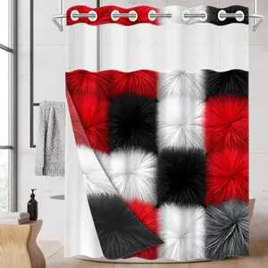 1pc hookless shower curtain with buckle lining, red, white and black plush checkered patchwork design, 2D flat printing, waterproof fabric lining, see-through double-layer shower curtain, 71 x 74 inches, modern home draping curtain.