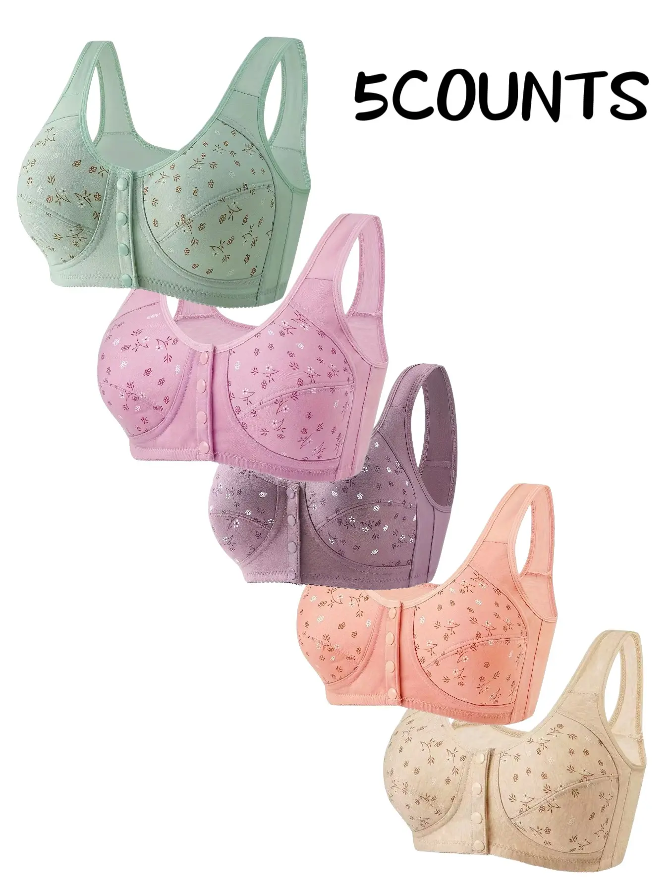 5-Pack Floral Push-Up Everyday Bras, Womenswear Wireless Full Coverage, Medium Support, Fitted, Elderly-Friendly Front Buckle, All-Season Comfort