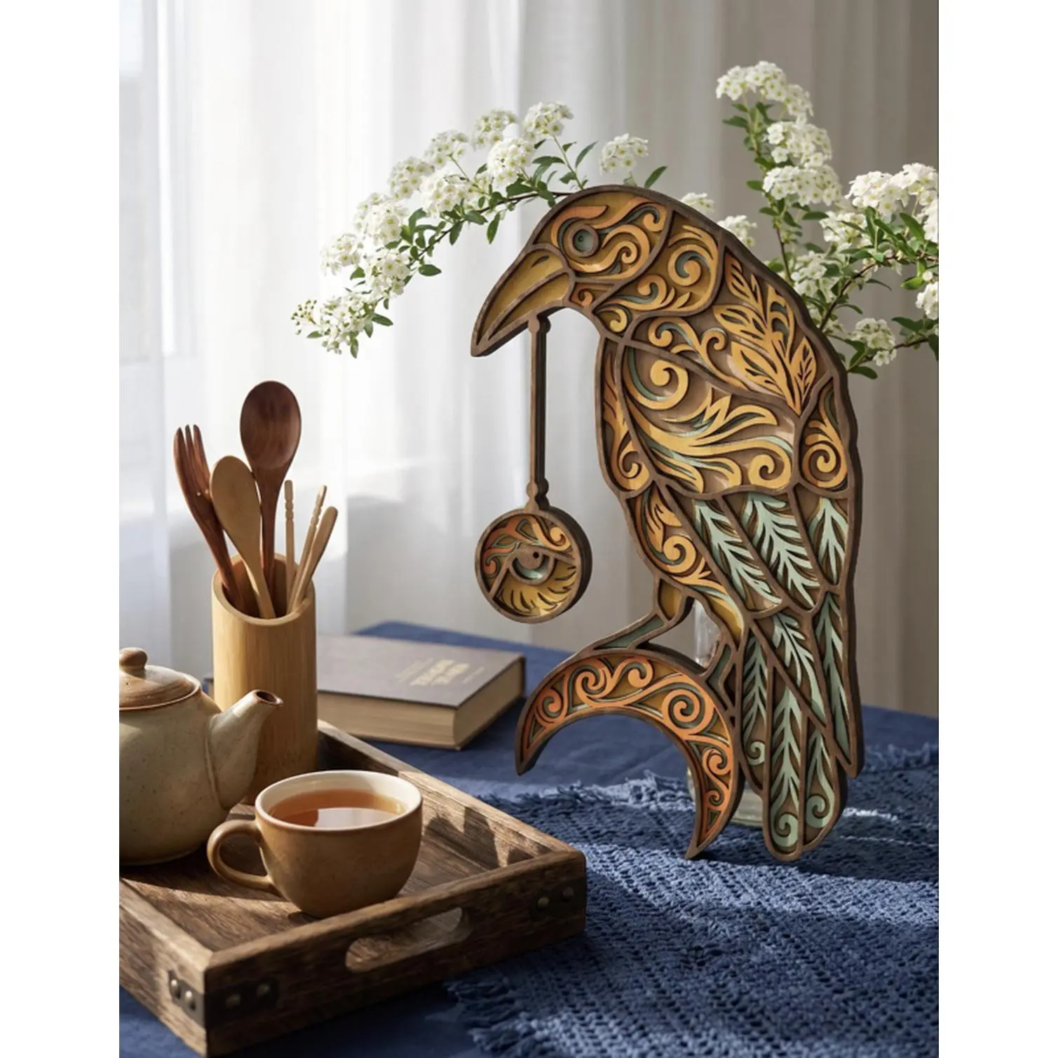 Crow Wooden Crafted Decorative Piece with Intricate Patterns and Eye Detail