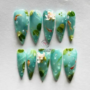 Lotus and Koi fish Press On Nails, Trendy Asian Nail Art Inspired, Blue Long Stiletto Nail Set, Tea Party Nails, Japanese Koi Nails, Gifts. Satamiis