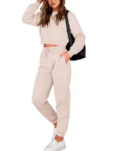 BTFBM Women's 2-Piece Long Sleeve Crop Top and Jogger Set with Drawstring Pants and Pockets