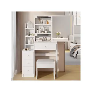 Maximum discount  Small Space Left Bedside Cabinet Vanity Table Cushioned Stool Extra Large Right Sliding Mirror Multi Layer High Capacity Storage Practical Fashionable Dresser Suitable For Girls Up To 5.6ft Tall