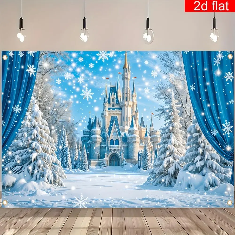 1pc Soft Durable Polyester 2D Flat Winter Wonderland Banner - Ice and Snow Castle Blue Glam Backdrop with Snowflake White Ornaments, Indoor/Outdoor Photography Prop, Christmas Home Wall Decoration