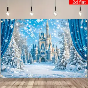 1pc 2D Flat Banner, Winter Wonderland Banner Decoration, Polyester, Ice and Snow Castle Blue Photography Backdrop, Suitable for Christmas New Year Home Office Classroom Wall Decoration Outdoor Holida White Ornaments
