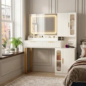 42" Fluted Makeup Vanity Desk with LED Mirror & Power Station, Aesthetic Glam Table with Glass Cabinet for GRWM