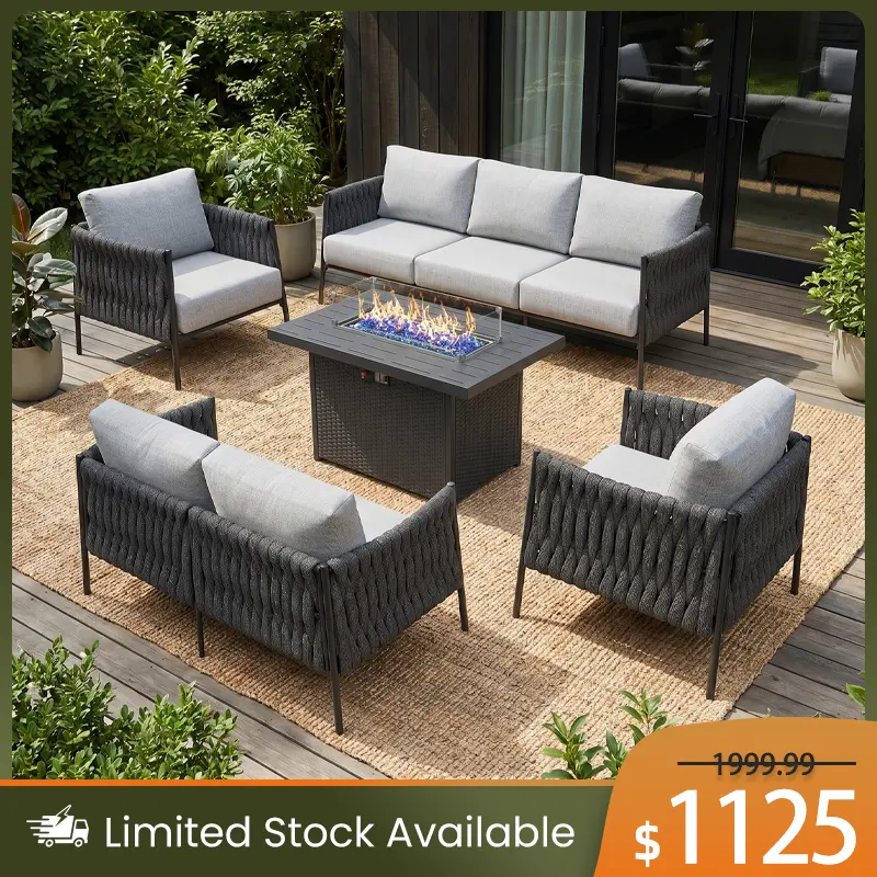 【4 Packages Shipping】LayinSun 5 Piece Outdoor Furniture Set with Fire Pit Table, Modern Rope Woven Patio Conversation Sofa Set with Olefin Braid and Deep Seating
