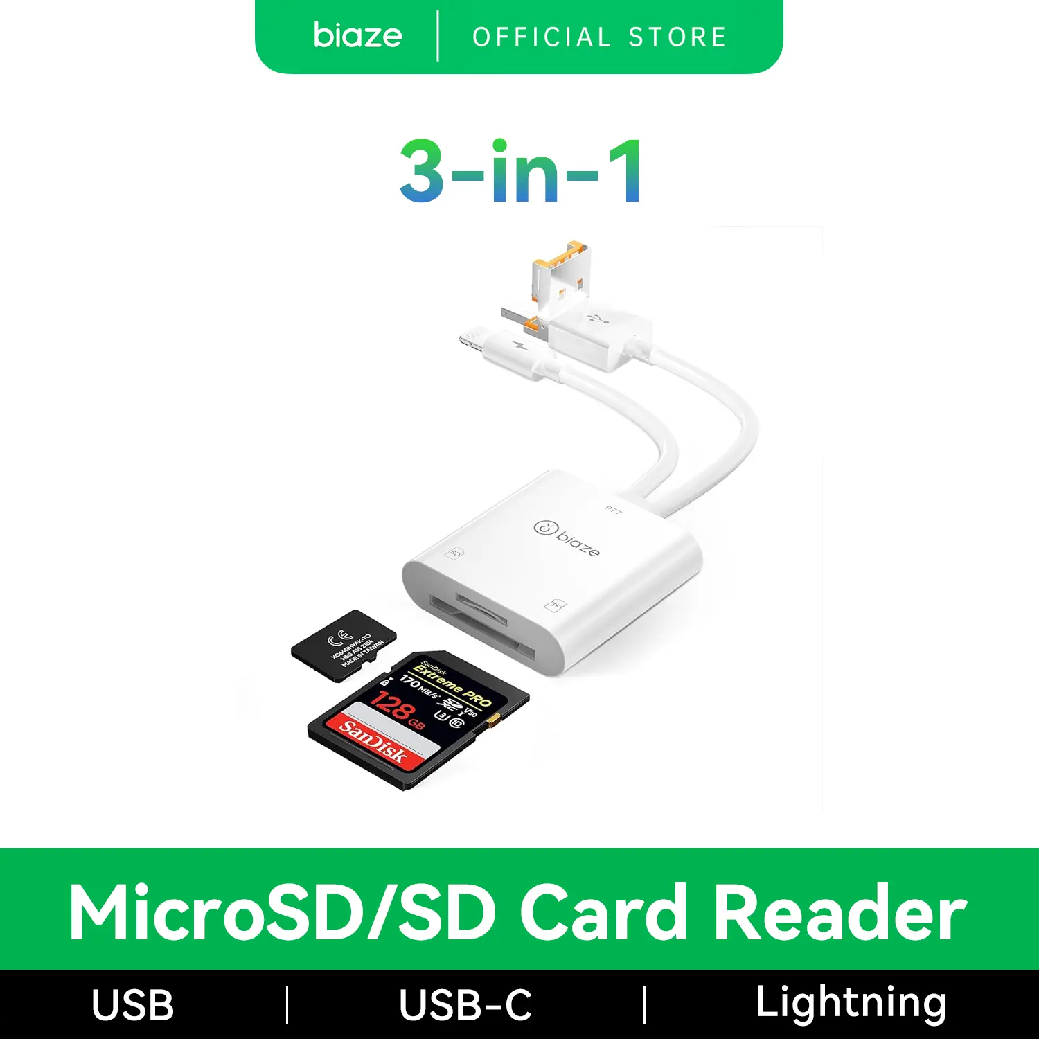 Biaze 3-Port 2-in-1 SD Card Reader Adapter for iPhone - Lightning, USB 3.0 Fast, USB-C, Supports SD/MicroSD Cards, Plug&Play, No App Required, Plastic Body - Home Office Digital Use