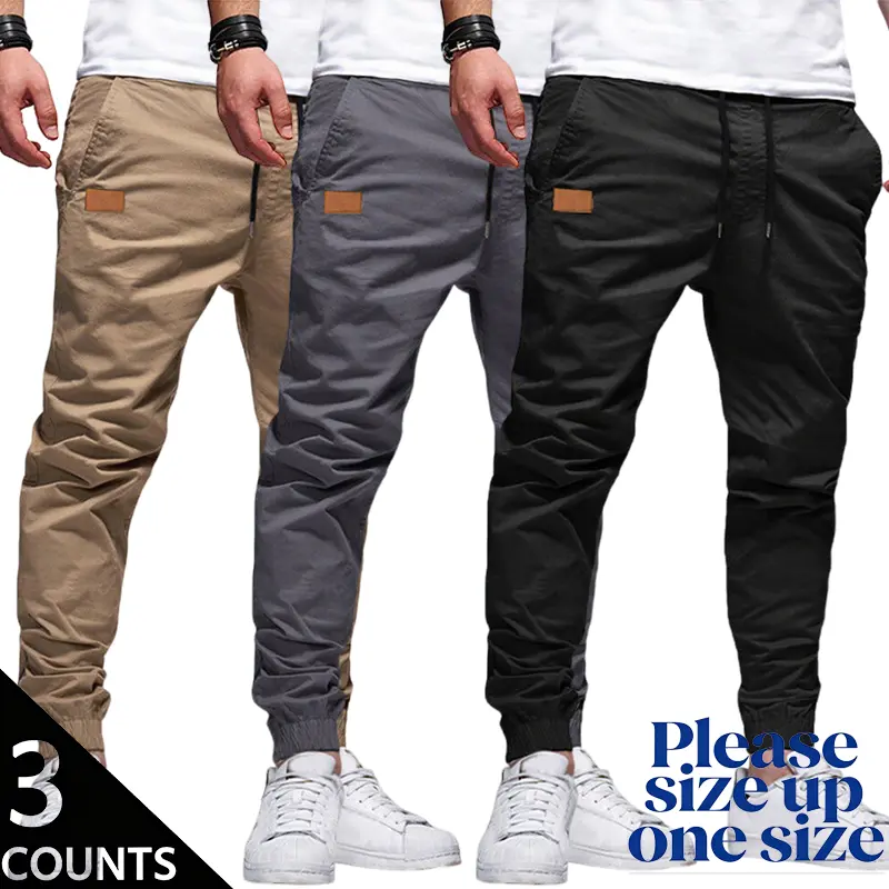 Men’s 3-Pack Jogger Pants, casual elastic-waist trousers with ankle cuffs, multicolor pack—great for urban street style, outdoor activities, casual wear, and workouts.