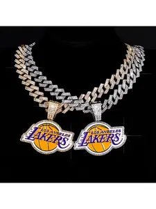 Alloy Diamond Encrusted Lakers Themed Necklace Multi Layered Full Diamond Cuban Chain Sporty Style European American Trendy Accessory