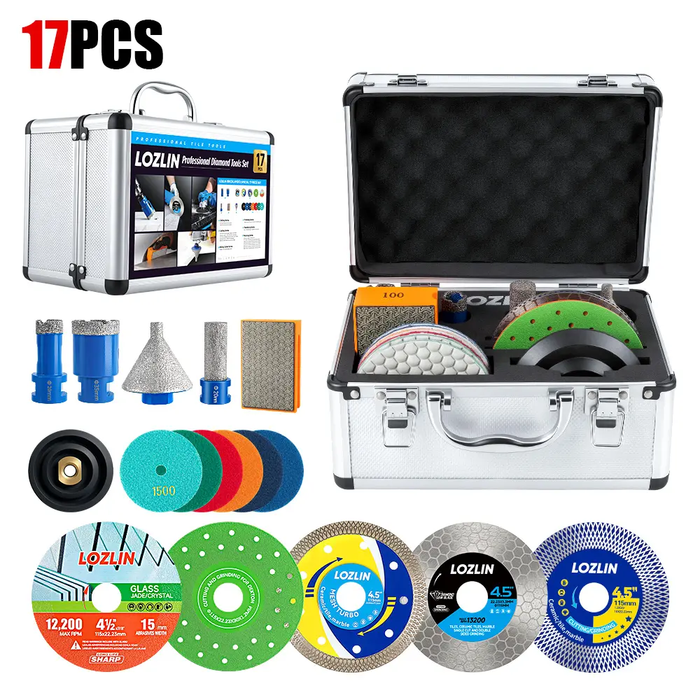 LOZLIN 17PCS Diamond Tool Kit Set for Tilers, Professional Drill Bits, Saw Blades, Polishing Pads, Chamfer Drill & Milling Bits for Cutting, Grinding Porcelain, Glass, Stone,father'sdaygifts