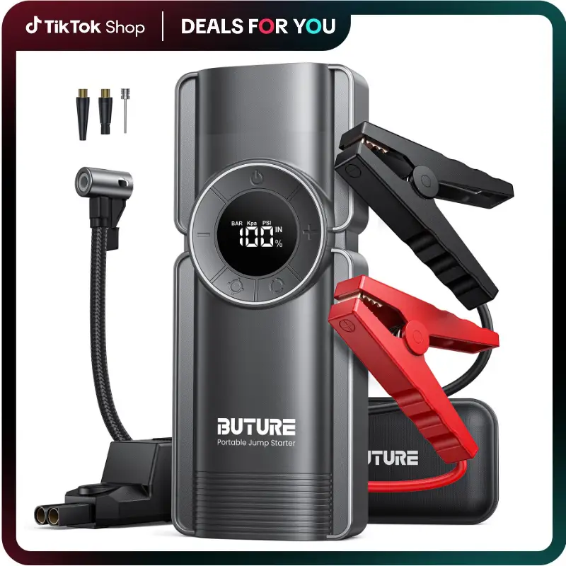 FathersDayGift【5 in 1】Portable Car Jump Starter With Air Compressor 4000A Peak (8.5L Gas, 8L Diesel) With 150 PSI Tire Inflator with LCD Display，Smart