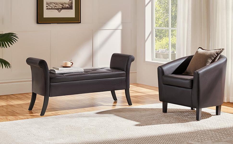 Yaheetech 52in Storage Bench Ottoman Bench Tufted Entryway Bench with Rolled Armrests Footstool with Large Storage, Fabric/Faux Leather