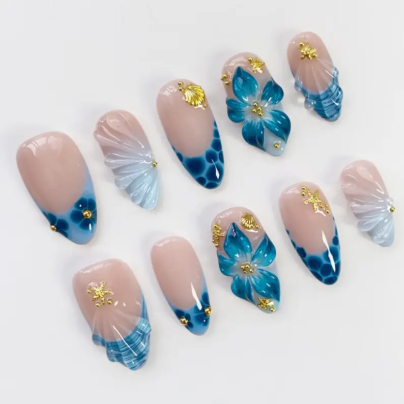 Salon-Quality Holiday Blue Blooming Flower Press-On Nails - Long Almond Shape, Blue French Design, Starfish & Shell Decorated, Everyday Wear, Quick On/Off Nail Art Accessories