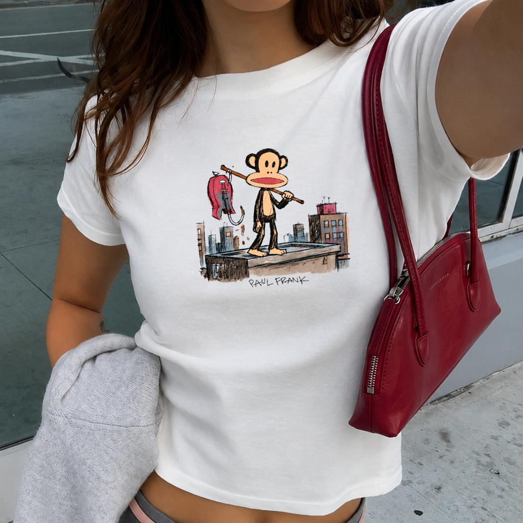 Vintage Monkey Sketch Baby Tee for Women, Artistic Graphic Shirt, Urban Street Style Y2K Top