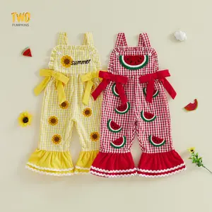 Cute Toddler Girls Watermelon Embroidery Plaid Bell Bottom Jumpsuit