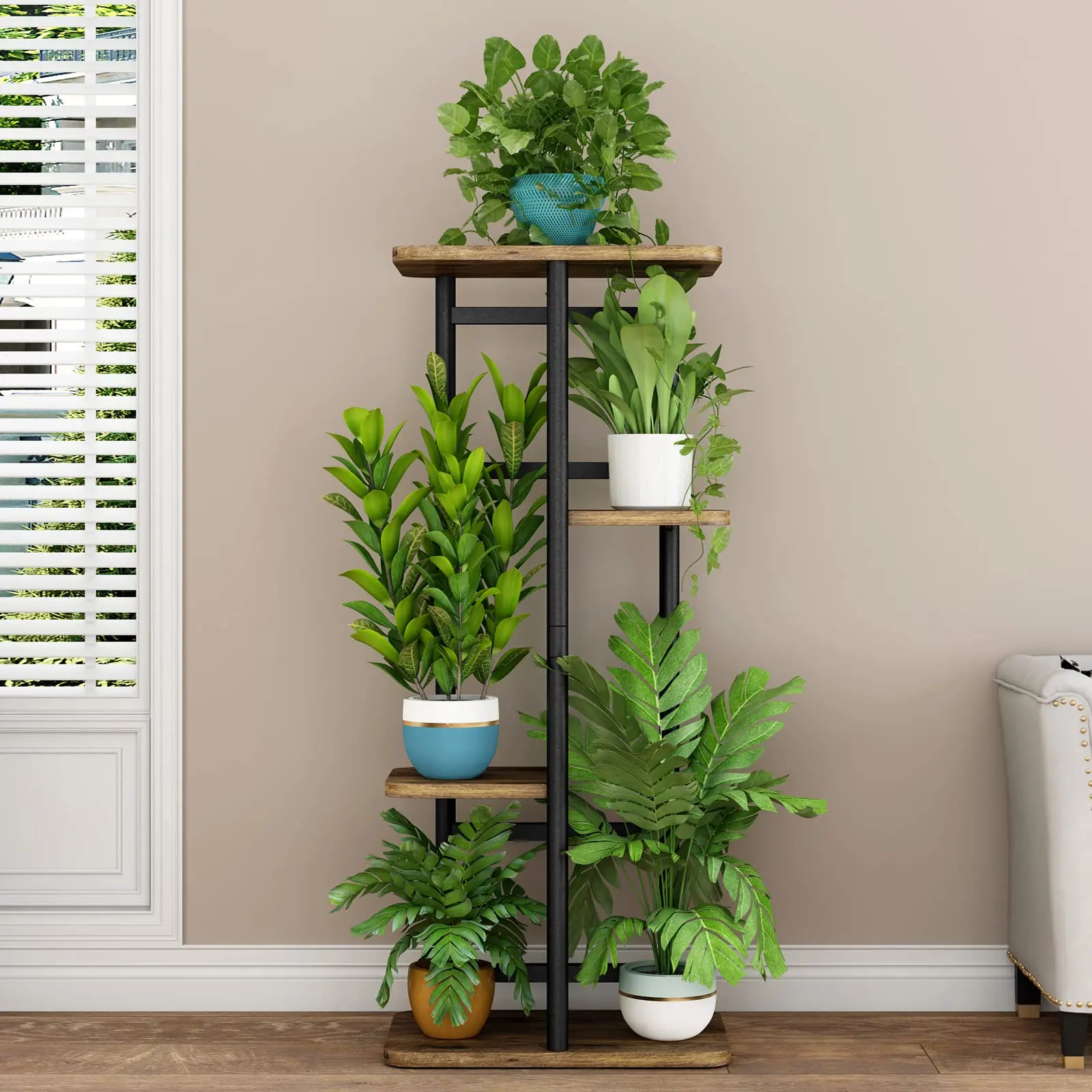 INGIORDAR 4-Tier Metal Indoor Plant Holder Rack, 5-Potted Organiser (9.3x11.8x29.05in) – Plant Riser, Vertical Planter Tower, 4-Level Shelf Racks & Displays for Flower Pots & Planters, Balcony, Living Room