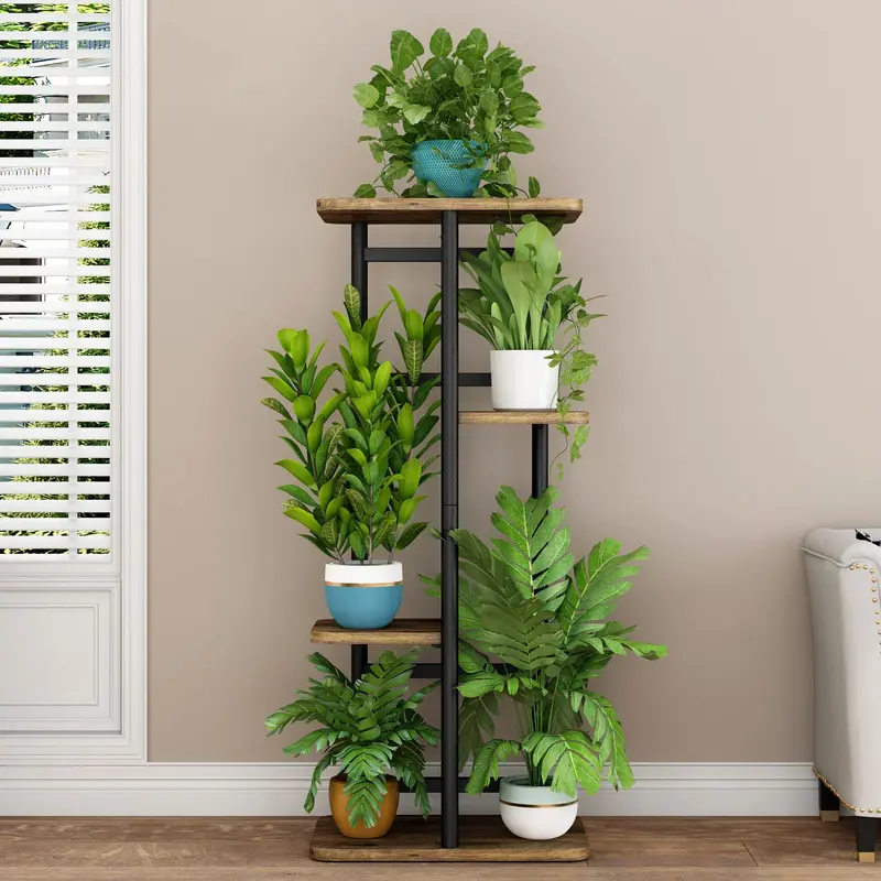 INGIORDAR Iron & MDF Plant Pot Holder Rack - Stable, Anti-Rust, Scratch-Resistant 4-Tier Vertical Hold with 5-Pot Capacity, 14.17L*9.05W*29.05H In Space-Saving Stand for Tidy Display on Balcony, Living Room, Plant Pot Holders