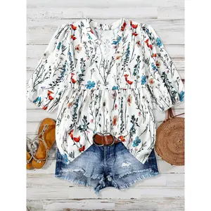 [Plus Size] Floral Print Notched Neck Boho Cottagecore Blouse, Boho Floral Printed Casual Bishop Sleeve Top for Summer, Women's Clothes for Daily Wear