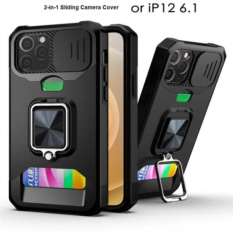 For iPhone 12 Pro Max Sliding Window Card Holder Phone Case For iPhone 12 Pro Ring Stand For iPhone 12 Protective Cover HNAG01Dccdv
