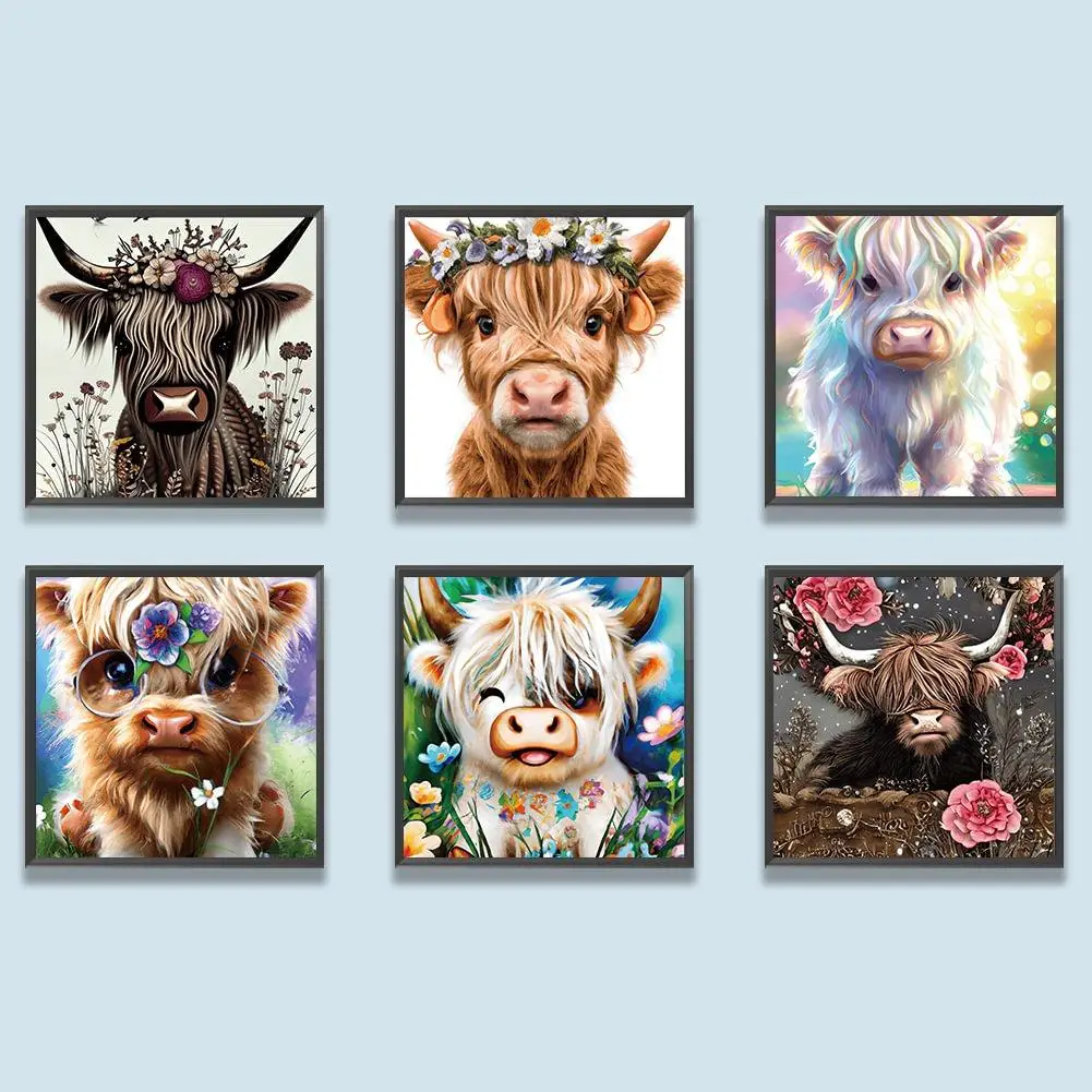 Highland Cow Pattern DIY Diamond Painting Kit without Frame, 6 Counts/Set 5D Diamond Painting Cross Stitch Kit, DIY Decor Painting for Bedroom Living